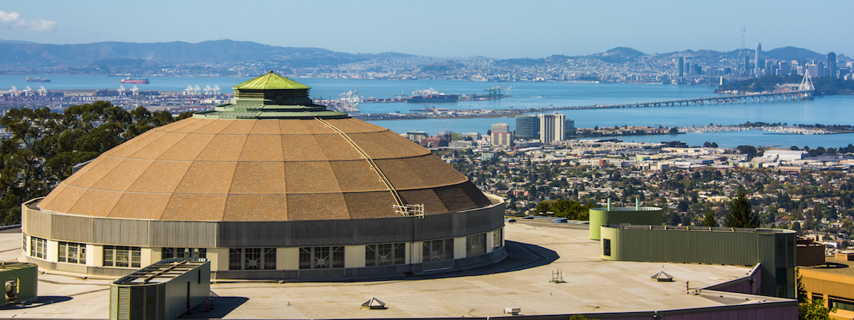 The domed Advanced Light Source building on the hills above Berkeley, California
