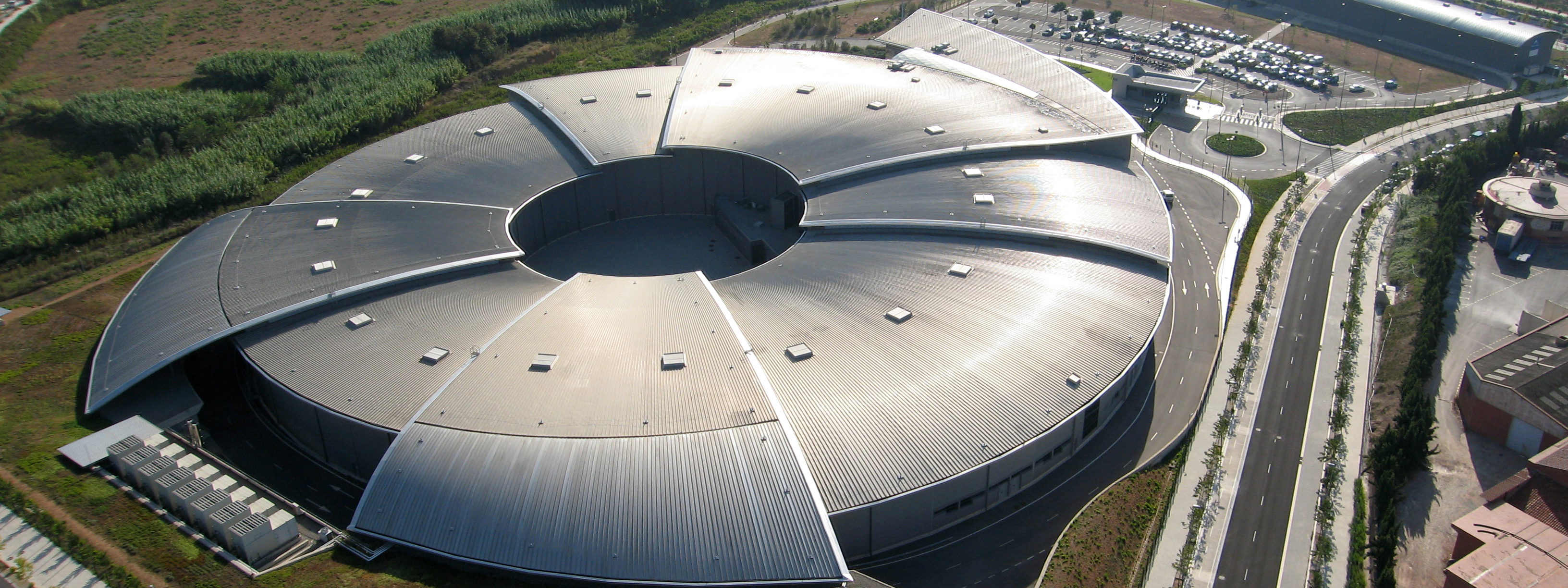 Aerial view of the circular ALBA synchrotron building near Barcelona